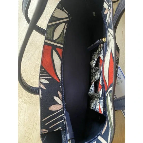 TORY BURCH Kerrington Printed Tote Floral Pebbled Leather Bag Black Red Green